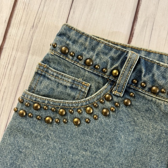 Edikted Studded Denim Mini Skirt Y2K Low Rise Blue Jean Festival Size S - Picture 2 of 8